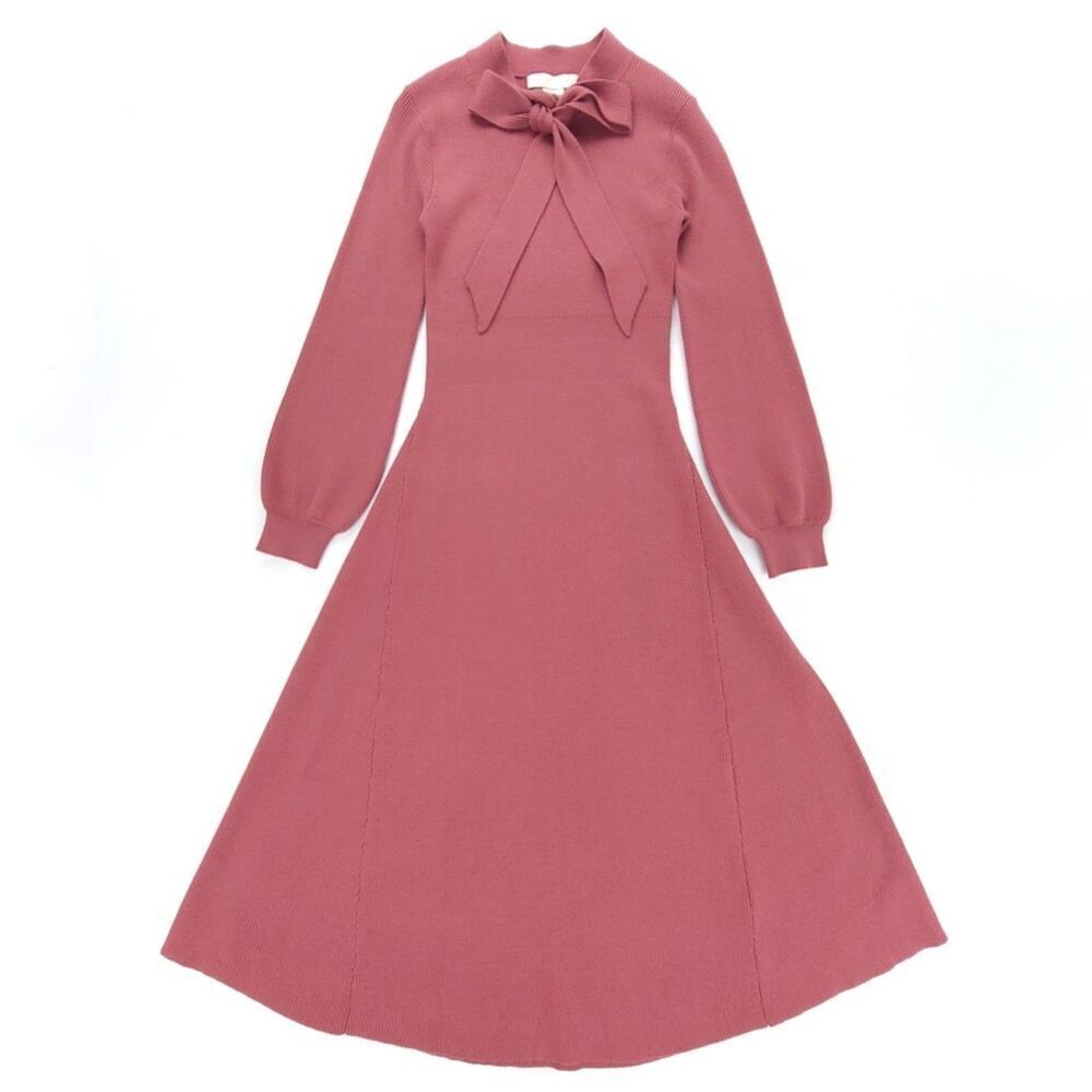 NEW Gal Meets Glam Brianna Tie Neck Sweater Dress Ribbed Preppy Modest Midi Rose
